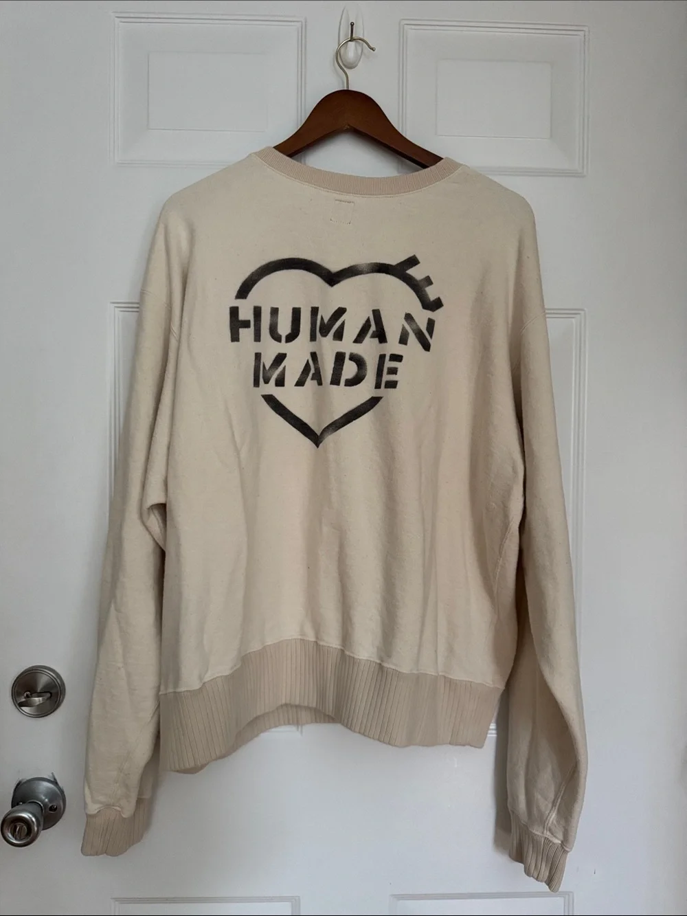 Human Made Cream Crewneck with Black Stencil and Red Heart Accent